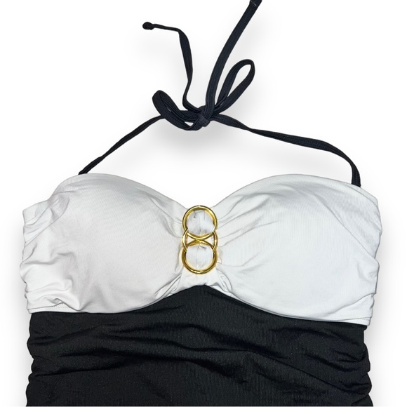 La Vie En Rose Women's Black & White Halter Tankini Gold Ruche with Padding Sz S - Picture 3 of 11